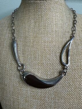 Silver-Tone 18” Necklace with Dark Brown Accent - Sculptural Retro Design